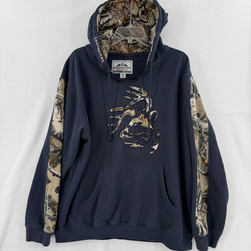 Legendary Whitetails Hoodie Mens XL Dark Navy Blue Camo Inlay Buck Deer Pullover